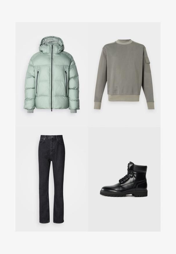 Veste matelassée en vert menthe clair, dotée d'un col montant, d'une fermeture éclair à l'avant et de deux poches latérales avec fermetures éclair noires et poignets élastiques.; Sweat-shirt gris à manches longues, col rond et une poche sur la manche gauche. Texture douce, poignets et ourlet côtelés.; Jean en denim noir taille haute avec fermeture à bouton et à glissière, poches avant et arrière, et coupe droite.; Bottine en cuir noir avec une finition brillante, design à lacets, col rembourré et semelle en caoutchouc robuste avec des grips de traction.