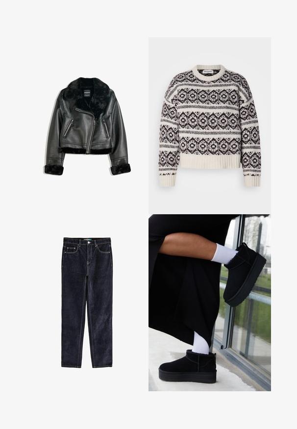 Schwarze Kunstleder-Bikerjacke mit plüschigem Fellkragen, -manschetten und -saum, diagonalem Reißverschluss und zwei Reißverschlusstaschen vorne.; Strickpullover in Creme und Dunkelbraun. Merkmale ein geometrisches Muster, gerippten Ausschnitt und Saum, lange Ärmel und einen verkürzten Schnitt.; Dunkelblaue gerade geschnittene Jeans aus Denim mit fünf Taschen, Kupferbeschlägen, gelben Nähten und einer glatten, weichen Textur.; Schwarze Wildleder-Stiefeletten mit flacher Sohle, versehen mit einer Zuglasche hinten, getragen mit weißen Knöchel-Socken vor einem minimalistischem Hintergrund.