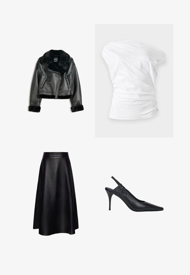 Schwarze Kunstleder-Bikerjacke mit plüschigem Fellkragen, -manschetten und -saum, diagonalem Reißverschluss und zwei Reißverschlusstaschen vorne.; Weißes trägerloses, gerafftes Oberteil mit plissierten Details und taillierter Passform vor hellem Hintergrund.; Schwarzer, hoch taillierter A-Linien-Midirrock aus glattem Leder mit sichtbaren Nahtdetails und einem sauberen Bund.; Schwarzer Leder-Slingback mit spitzer Kappe, gesammeltem elastischem Riemen und schlankem Stilettabsatz.