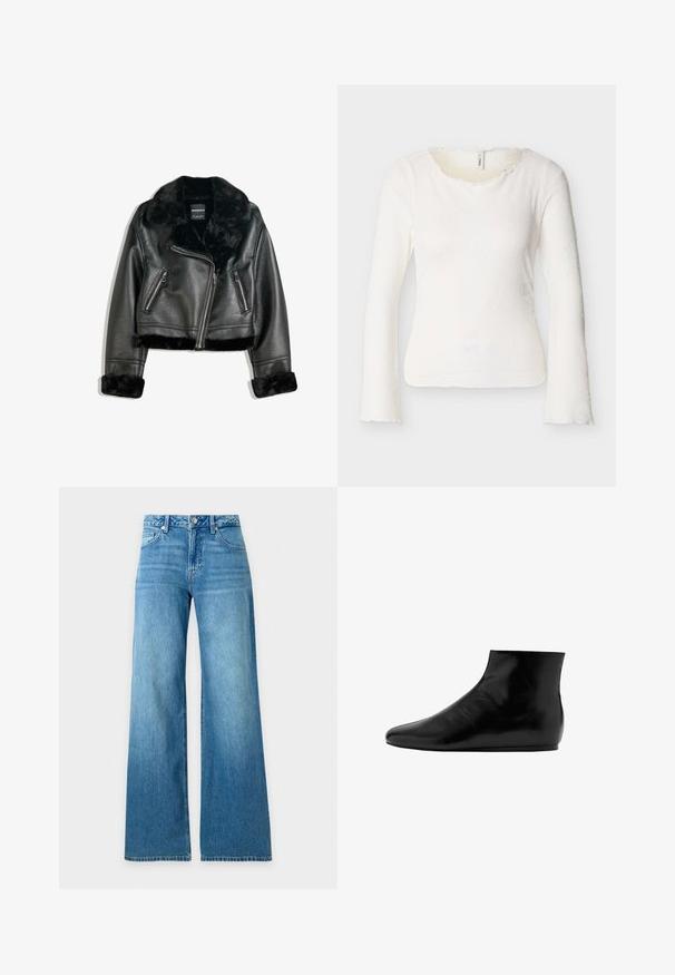 Schwarze Kunstleder-Bikerjacke mit plüschigem Fellkragen, -manschetten und -saum, diagonalem Reißverschluss und zwei Reißverschlusstaschen vorne.; Weißes, langärmliges, figurbetontes Oberteil mit dezentem Blumenmuster und leicht gerafftem Rundhalsausschnitt, dargestellt auf hellem, einfachem Hintergrund.; Blaue High-Waist-Jeans mit weitem Bein, vorderem Knopf- und Reißverschluss sowie vorderen und hinteren Taschen.; Schwarze Leder-Stiefelette mit glatter Oberfläche, flacher Sohle, runder Spitze und minimalistischen Design.