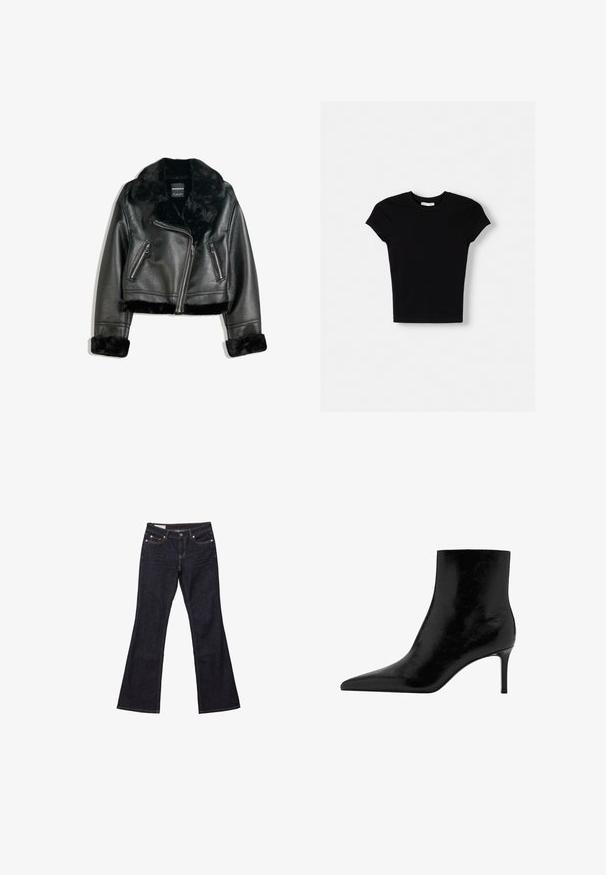 Schwarze Kunstleder-Bikerjacke mit plüschigem Fellkragen, -manschetten und -saum, diagonalem Reißverschluss und zwei Reißverschlusstaschen vorne.; Schwarzes kurzärmeliges T-Shirt aus Baumwolle. Schmal geschnittenes Design, runder Ausschnitt und glatte Textur. Keine sichtbaren Muster oder zusätzlichen Merkmale.; Dunkelblaue Denim-Jeans mit leichtem Schlag, vorderem Knopf und Taschen, flach auf weißem Hintergrund dargestellt.; Schwarze Ankle-Boots mit spitzem Design, aus glänzendem Leder gefertigt. Verfügt über einen Stiletto-Absatz und eine glatte Textur. Keine sichtbaren Verzierungen.