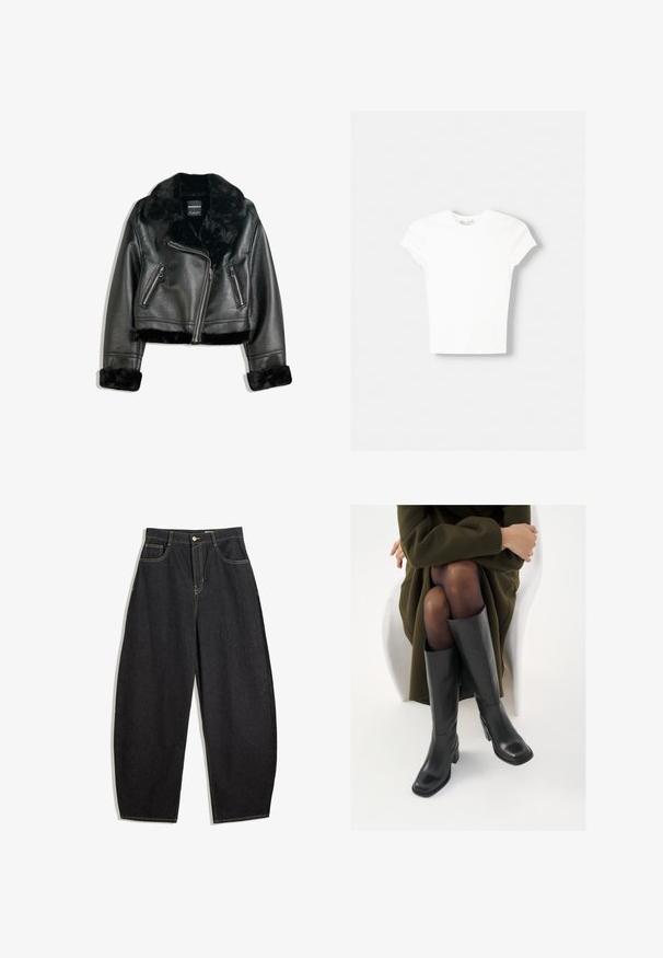 Sort faux læder bikerjakke med plyskrave, manchetter og bund, med diagonalt lynlås og to lynlåslommer foran.; Hvid kortærmet t-shirt lavet af blød bomuld, med rund halsudskæring og en tætsiddende form. Ingen synlige mønstre eller udsmykninger.; Sorte denim bukser med vid ben og høj talje, prydet med gule syninger, to forlommer og en enkelt knaplukning.; Knæhøje sorte læder støvler med firkantet tå og blokhæl, vist med en model siddende i en olivengrøn frakke. Glat tekstur, minimal detaljer.