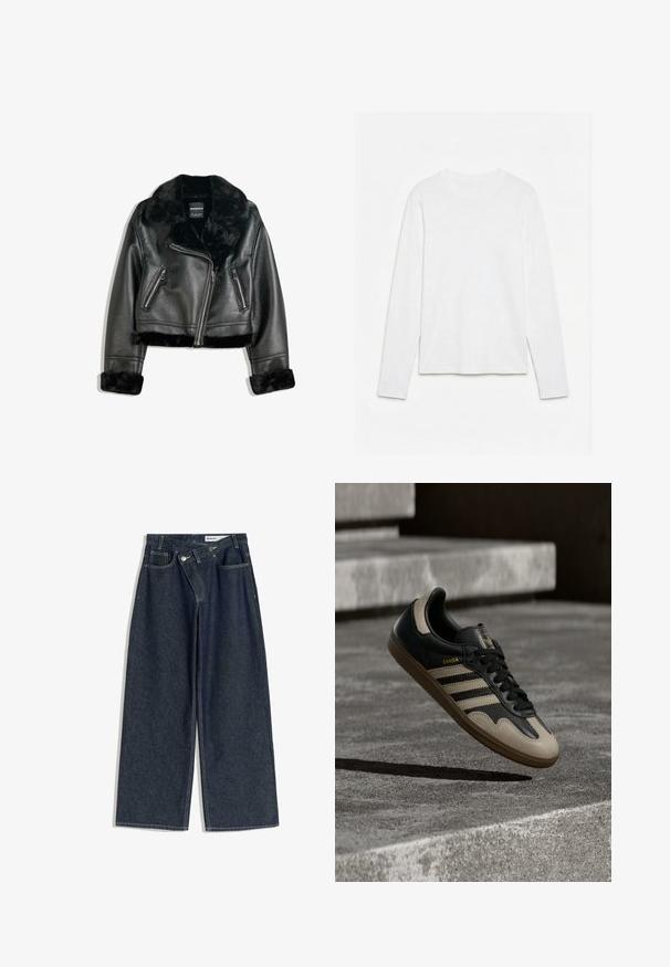 Sort faux læder bikerjakke med plyskrave, manchetter og bund, med diagonalt lynlås og to lynlåslommer foran.; Helt hvid langærmet t-shirt med rund hals lagt fladt på en hvid overflade, der viser fronten og hele ærmelængden.; Vidbenede mørkeblå cowboybukser med dobbelt knaplukning, forlommer og synlig hvid syning, mærket Bershka.; Sort og beige lædersneaker med tre hvide striber, tanfarvet gummisål og gyldent "Samba"-detalje på siden.