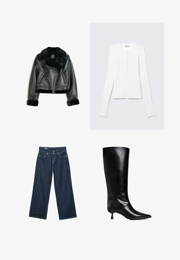 Schwarze Kunstleder-Bikerjacke mit plüschigem Fellkragen, -manschetten und -saum, diagonalem Reißverschluss und zwei Reißverschlusstaschen vorne.; Weißes Langarm-Henley-Shirt mit rundem Ausschnitt und einer vertikalen Reihe kleiner Knöpfe in der vorderen Mitte.; Dunkelblaue, weit geschnittene Denim-Jeans mit doppelter Knopfverschluss, vorderen Taschen und kontrastierender Naht auf weißem Hintergrund.; Schwarze Lederstiefel bis zum Knie mit spitzem Zehenbereich, schlanker Silhouette und niedrigem Blockabsatz mit glänzender Oberfläche.