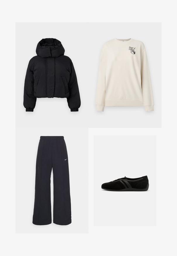 Sort cropped puffer-jakke med høj polstret krave, lange ærmer med elastiske manchetter og to forlommer.; Kremfarvet langærmet sweatshirt med ribbede manchetter og kant, med teksten "Out of Office" og en vintage telefon grafik på brystet.; Sorte brede bukser med elastisk talje og et lille hvidt Nike-logo. Stoffet har en glat tekstur, designet til komfort og afslappet brug.; Sort ruskinds slip-on sko med rundet tå, elastisk snørelukning, to læderstriber i siden og flad gummisål.