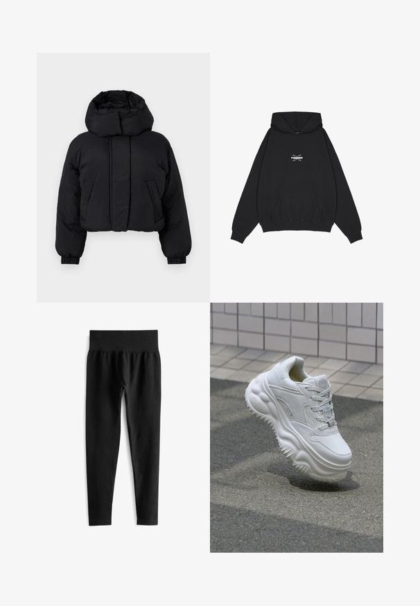 Mustapieni puffatakki, jossa on korkea pehmustettu kaulus, pitkät hihat elastisilla hihansuihin ja kaksi etutaskua.; Pegador BELLY OVERSIZED HOODIE - Huppari - washed black; Musta ribbattu leggings, jossa on leveä elastinen vyötärö, ja se on muotoiltu tiukaksi sekä sileäksi. Ei näkyvää metalliosaa tai kuvioita.; Valkoinen nahkakengät, joissa on paksu pohja, teksturoitu yksityiskohta ja nauhakiinnitys. Varustettu muotoilluilla yksityiskohdilla ja sileällä pinnalla.
