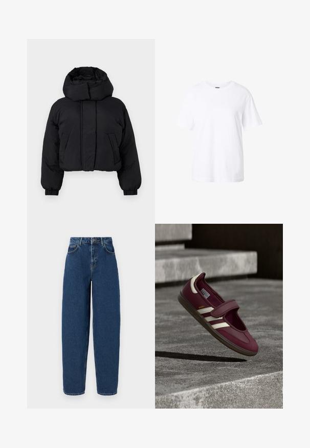 Sort cropped puffer-jakke med høj polstret krave, lange ærmer med elastiske manchetter og to forlommer.; Enkelt hvid t-shirt med korte ærmer og rund hals, afslappet pasform og lille label inde i kraven.; Mørkeblå denim jeans med høj talje, bred benpasform, fem-lomme design og kontrasterende syninger. Klassisk lynlås og knaplukning.; Vinrød sportssko med en rem, hvide sidelister, tekstureret gummisål og et glat øverste materiale. Justerbar pasform med polstret inderside.