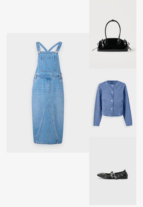 Lyseblå denimjakke med rund halsudskæring, lange ærmer, fem trykknapper og sidelommer. Glat tekstur med et afslappet design.; Lys blå denim overalls kjole med justerbare stropper, en frontlomme, en lige skørt med en subtil slidse og en glat tekstur.; Sorte læder flade sko med spids tå, samling detaljer omkring åbningen, og en sølv spænde accent på den justerbare rem.; Lille sort blank håndtaske med to lange håndtag og snøre-detaljer i siden på en ensfarvet lys baggrund.