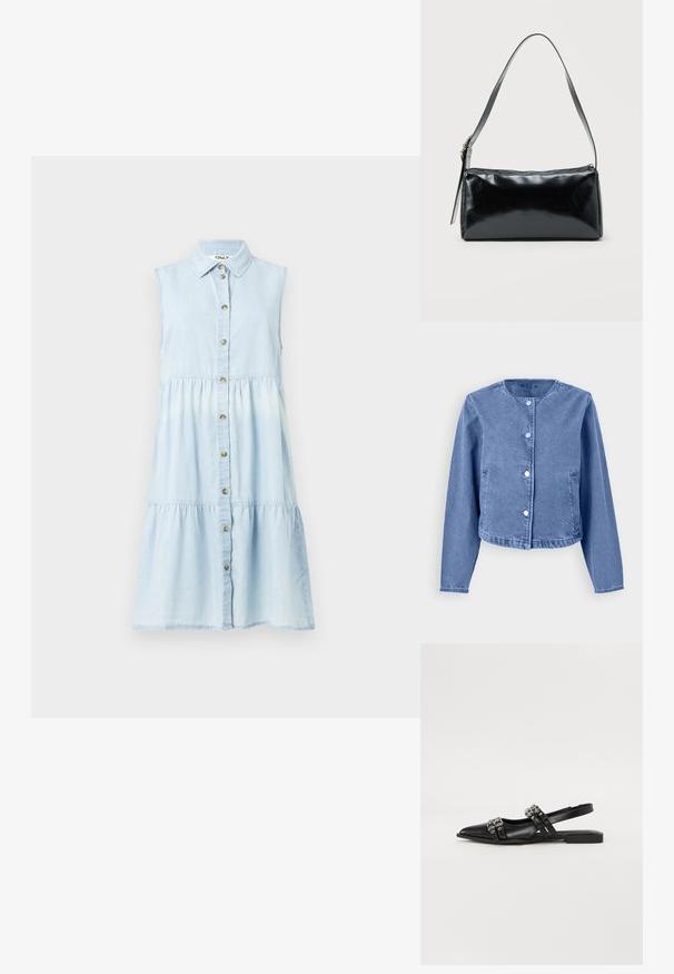 Lyseblå denimjakke med rund halsudskæring, lange ærmer, fem trykknapper og sidelommer. Glat tekstur med et afslappet design.; Lyseblå denimkjole med krave, ærmeløs design, knaplukning foran og lagdelt skørt. Har en afslappet pasform og blød tekstur.; Even&Odd Slingback-ballerinasko - black; Sort rektangulær skuldertaske med en enkelt justerbar rem og lynlås i toppen på en ensfarvet baggrund.