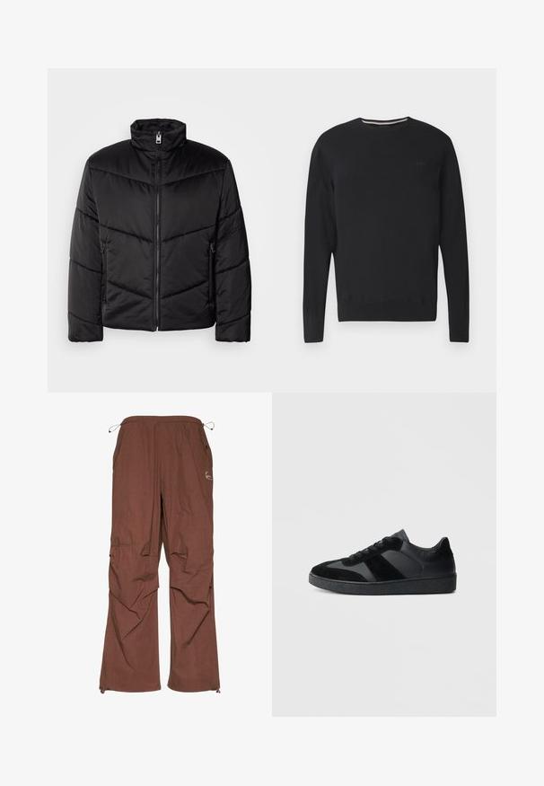 Veste matelassée noire avec col montant, fermeture éclair, motifs de quilting diagonaux et poches latérales avec détails zippés.; Pull noir à manches longues avec col rond, logo discret "BOSS" sur la poitrine, poignets et ourlet côtelés, présenté sur fond blanc.; Pantalons cargo marron avec une taille élastique et un cordon de serrage ajustable, dotés de poches latérales et d'une coupe décontractée. Texture lisse, tissu léger.; Baskets noires combinant cuir lisse et daim, avec une semelle en caoutchouc noire texturée et un détail de rayures discrètes.