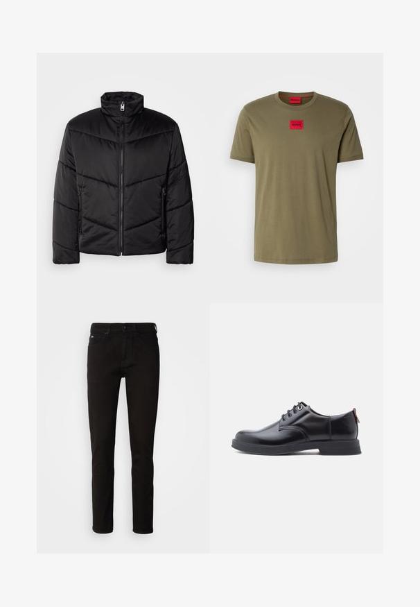 Veste matelassée noire avec col montant, fermeture éclair, motifs de quilting diagonaux et poches latérales avec détails zippés.; T-shirt en coton vert olive avec un col rond, des manches courtes et un logo carré rouge brodé sur la poitrine. Texture lisse.; Jeans en denim noir avec une coupe droite, une fermeture éclair et un design à cinq poches. Le tissu a une texture lisse sans motifs visibles.; Chaussures en cuir noir à lacets avec une texture lisse, un bout arrondi et des détails de couture discrets. Présentent une languette rouge à l'arrière.