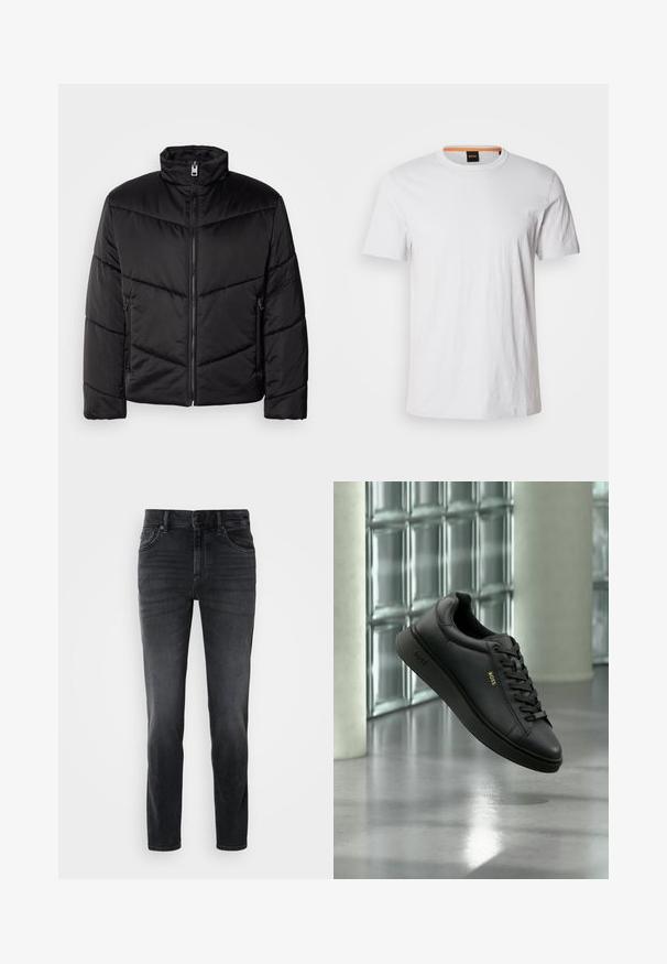 Chaqueta acolchada negra con cuello alto, cierre de cremallera, patrones de acolchado diagonales y bolsillos laterales con detalles de cremallera.; Camiseta de manga corta blanca hecha de suave algodón, con un cuello redondo y un sutil detalle de logo en blanco a juego en la parte delantera.; Jeans de mezclilla negros con un corte ajustado, que presentan una cintura de altura media, diseño clásico de cinco bolsillos y un ligero desgaste en las piernas.; Zapatilla BOSS de cuero negro con cordones flotando en el interior frente a una pared de bloques de vidrio y con suelo de hormigón de fondo.