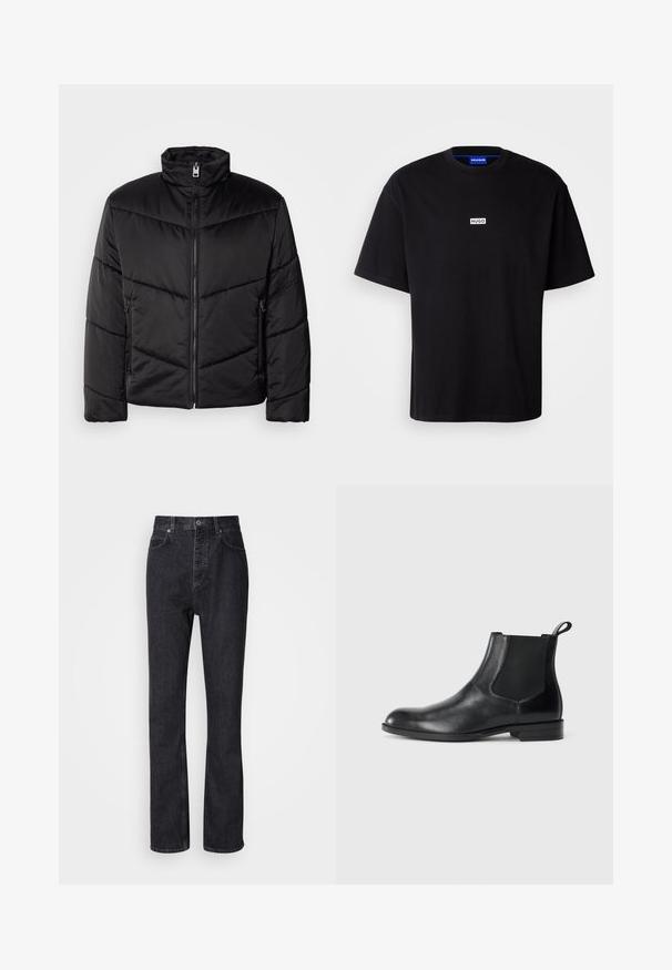 Veste matelassée noire avec col montant, fermeture éclair, motifs de quilting diagonaux et poches latérales avec détails zippés.; T-shirt en coton noir avec un col rond, des manches courtes et un logo rectangulaire "HUGO" blanc sur la poitrine. Texture lisse, coupe décontractée.; Jean en denim noir taille haute avec fermeture à bouton et à glissière, poches avant et arrière, et coupe droite.; Bottine en cuir noir avec des panneaux latéraux élastiques, bout rond et tirette. Texture lisse, semelle plate, design minimaliste.