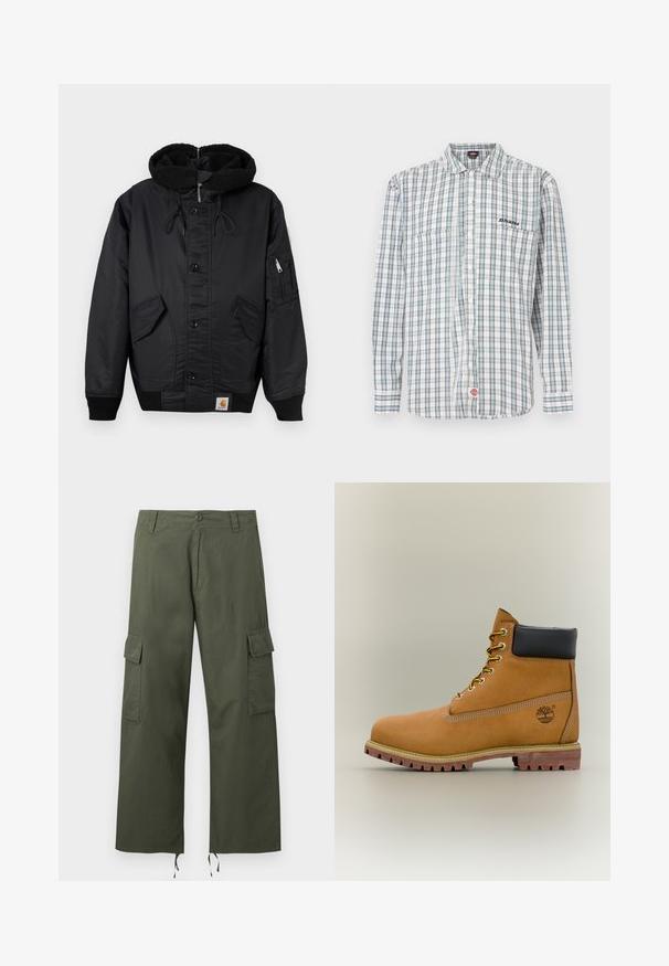 Veste noire avec une capuche doublée en polaire, fermeture à boutons sur le devant, deux grandes poches latérales et une poche zippée supplémentaire sur la manche.; Chemise à carreaux boutonnée en blanc, vert et bleu. Elle comporte des manches longues, un col, deux poches avant et une broderie de logo sur la poitrine.; Pantalon cargo vert olive avec poches latérales à rabat, fermeture par boutons, passants de ceinture et cordons ajustables aux larges ourlets des jambes.; Bottine en cuir marron avec col noir, lacets jaunes et semelle beige. Présente un logo et des détails de couture blanche. Semelle extérieure à traction robuste.