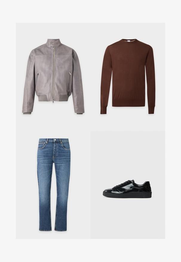 Veste en cuir gris clair avec fermeture éclair à l'avant, col montant, deux poches latérales zippées, poignets et ourlet côtelés.; Pull marron à manches longues avec col rond, poignets et ourlet côtelés, présenté sur un fond clair uni.; Jean bleu droit en denim avec poches avant, fermeture par bouton et fermeture éclair, présenté sur fond blanc.; Baskets en cuir verni noir avec un bout arrondi, un laçage, une semelle en caoutchouc texturé et une finition lisse.