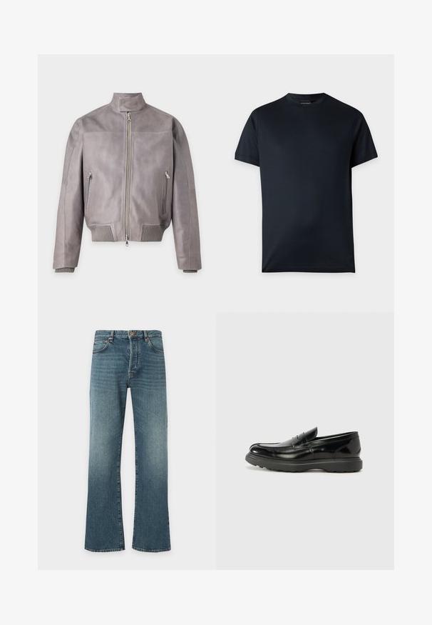 Veste en cuir gris clair avec fermeture éclair à l'avant, col montant, deux poches latérales zippées, poignets et ourlet côtelés.; T-shirt noir uni à manches courtes et col rond avec un petit logo près de l'ourlet sur un fond gris clair.; Jean en denim bleu avec un léger évasement en bas, design classique à cinq poches, fermeture par bouton et fermeture éclair, et légère décoloration sur les cuisses.; Mocassin en cuir noir avec une finition brillante, bout arrondi, détails de couture subtils et semelle en caoutchouc épaisse pour la durabilité.