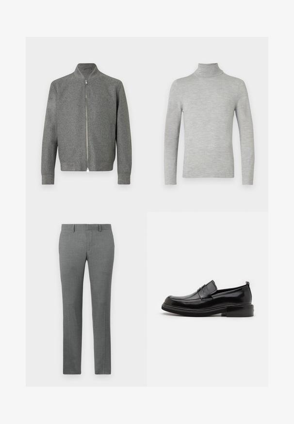 Herregrå zip-up sweater med lange ærmer og en kort stå-up krave, vist fladt på en hvid baggrund.; Lys grå langærmet turtleneck sweater med fin strik, vist på en neutral hvid baggrund.; Grå skræddersyede bukser med en glat tekstur, lige ben design, bæltestropper og et subtilt hørmønster over det hele.; Calvin Klein MOCCASIN - Business loafers - black