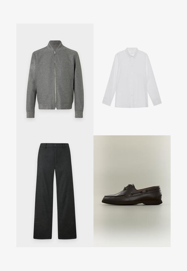 Sweater zippé gris pour homme avec manches longues et un col montant court, présenté à plat sur un fond blanc.; Chemise blanche à manches longues en tissu lisse, dotée d'un col pointu, d'une fermeture à boutons sur le devant et de poignets à un bouton.; Pantalon droit gris foncé avec passants pour ceinture et fermeture à bouton sur le devant, présenté à plat sur un fond clair.; Chaussure bateau en cuir marron foncé avec détails de lacets et semelle en caoutchouc, vue de profil sur un fond neutre.