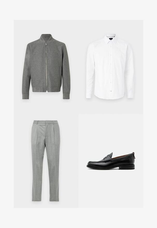 Herregrå zip-up sweater med lange ærmer og en kort stå-up krave, vist fladt på en hvid baggrund.; Hvid langærmet skjorte lavet af bomuld. Har en knap-ned krave, frontlukning med knapper i pink og buet bund.; Lys grå skræddersyede dressbukser med frontfolder, bæltestropper og lige benmodul på en hvid baggrund.; Sort læder herre loafer med moc-tå syning, penny strop, struktureret krave og lav stablet hæl på hvid baggrund.