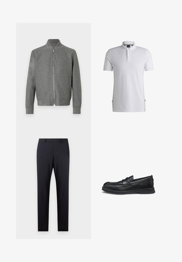 Sweater zippé gris pour homme avec manches longues et un col montant court, présenté à plat sur un fond blanc.; Polo blanc en mélange de coton, doté d'un col classique, d'une patte de boutonnage à trois boutons et d'un logo de marque discret sur la poitrine. Manches courtes.; Pantalons taillés bleu marine foncé avec un devant plat, coupe ajustée, poches latérales et une texture lisse ; sans motifs ni embellissements visibles.; Mocassin en cuir noir avec bout arrondi, petit talon, et détail de bride cousue, sur fond blanc, vu de côté.