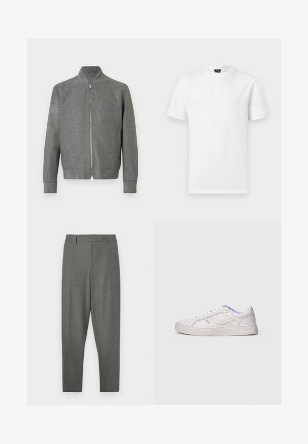Herregrå zip-up sweater med lange ærmer og en kort stå-up krave, vist fladt på en hvid baggrund.; Hvid T-shirt med korte ærmer og rund hals med subtil vertikal ribbet struktur, vist mod en ensfarvet lys grå baggrund.; Grå skræddersyede bukser lavet af et blødt stof. Har en talje, bæltestropper og et tapered ben-design. Glat tekstur, ingen mønstre.; Hvid lavtop sneaker med snørebånd, syning detaljer og "BOSS" branding på siden og sålen, vist fra ydersiden.
