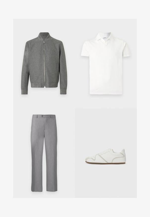 Grijze vest voor heren met rits, lange mouwen en een korte opstaand kraag, plat weergegeven tegen een witte achtergrond.; Witte polo met korte mouwen met kraag en een klein labeltje aan de binnenkant van de nek met de tekst "FILIPPA K", afgebeeld op een eenvoudige lichte achtergrond.; Grijze op maat gemaakte dresspantalon met riemlussen, voorste knoop en rits, met een recht gesneden pijp.; Witte sneaker met een gladde stoffen bovenkant, beige accenten, een ronde neus en een rubberen zool. Heeft een vetersluiting en zijnaadstiksel.