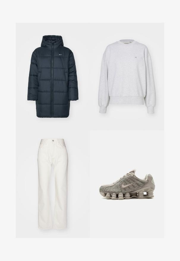 Chaqueta acolchada en azul marino oscuro, con capucha, cremallera frontal completa, puños de canalé y diseño acolchado con costuras horizontales. Logo de Nike en el pecho.; Carhartt WIP CASEY - Sudadera - ash heather/silver; Pantalones de mezclilla blanca con una alta cintura y un ajuste de pierna ancha. Presenta un cierre de botón y cremallera, presillas para cinturón y detalles de costura sutil.; Zapatilla Nike Shox beige clara con suela acolchada visible en forma de columna y detalles en malla en la parte superior.