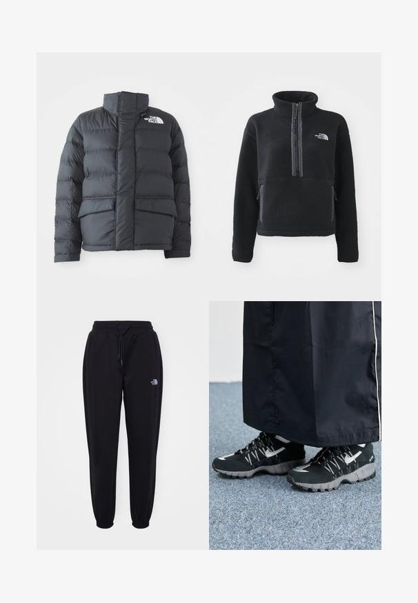 Schwarze Steppjacke mit hohem Kragen, gestepptem Design, Reißverschluss vorne und zwei Fronttaschen. Mit einem weißen Logo auf der linken Brust.; Schwarzer Fleece-Pullover mit hohem Kragen, Viertel-Reißverschluss, Fronttasche und kontrastierenden Nähten. Mit The North Face-Logo auf der Brust.; Schwarze Jogginghose mit elastischem Bund und Bündchen, Kordelzug, seitlichen Taschen und kleinem weißen The North Face-Logo am rechten Oberschenkel.; Schwarze Sportschuhe mit einer strukturierten Oberseite, silbernen Akzenten und einer gemusterten Außensohle, kombiniert mit einem schwarzen langen Kleidungsstück. Auf einem blauen Teppich drapiert.