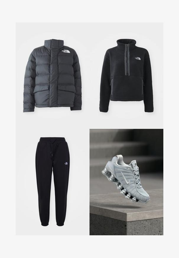 Schwarze Steppjacke mit hohem Kragen, gestepptem Design, Reißverschluss vorne und zwei Fronttaschen. Mit einem weißen Logo auf der linken Brust.; Schwarzer Fleece-Pullover mit hohem Kragen, Viertel-Reißverschluss, Fronttasche und kontrastierenden Nähten. Mit The North Face-Logo auf der Brust.; Schwarze Jogginghose mit elastischem Bund und Bündchen, Kordelzug, seitlichen Taschen und kleinem weißen The North Face-Logo am rechten Oberschenkel.; Hellgrauer Nike Laufschuh mit gepolsterter, federartiger Sohle, der über einem Betonsims schwebt, verschwommener Treppenhintergrund.