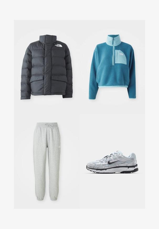 Schwarze Steppjacke mit hohem Kragen, gestepptem Design, Reißverschluss vorne und zwei Fronttaschen. Mit einem weißen Logo auf der linken Brust.; Blauer Fleece-Pullover mit einem Teilreißverschluss, hohem Kragen und einer Fronttasche. Akzentuiert mit einem helleren blauen Besatz und einer stofflichen Textur.; Graue Sweatpants mit einem elastischen Bund und Kordelzug. Der Stoff ist weich, mit elastischen Bündchen an den Knöcheln und einem Logo-Detail.; Nike P-6000 Sneakers mit einem Obermaterial aus leichtem grauem Mesh, schwarzen Akzenten und einer langlebigen schwarzen Gummisohle. Verfügt über ein komplexes Design und ein Schnürsystem.