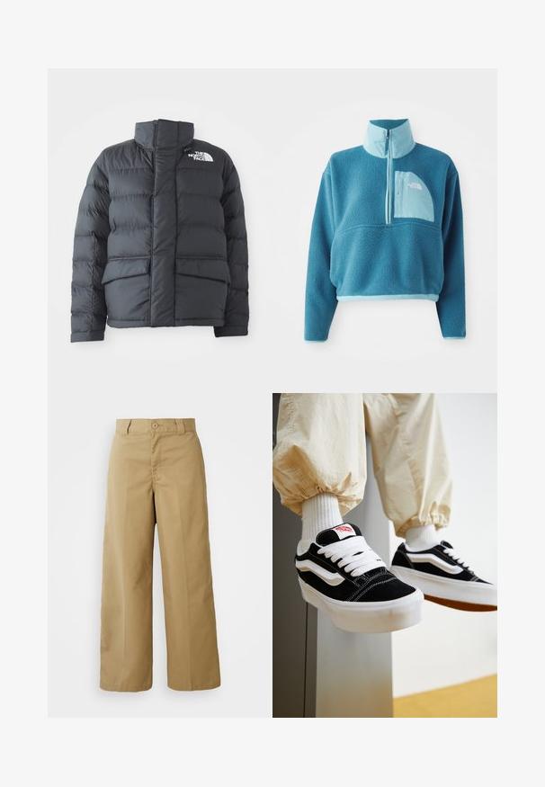 Sort pufferjakke med høj krave, quiltet design, lynlås foran og to forlommer. Har et hvidt logo på venstre bryst.; Blå fleece trøje med delvis lynlås, høj krave og en frontlomme. Accentueret med en lysere blå kant og en stoftekstur.; Beige bredde bukser lavet af en blanding af bomuldsstof, med knaplukning, bæltestropper og forlommer.; Person iført sorte og hvide Vans sneakers med hvide snørebånd, hvide sokker og beige bukser med elastiske manchetter.