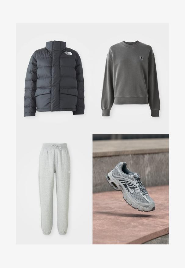 Sort pufferjakke med høj krave, quiltet design, lynlås foran og to forlommer. Har et hvidt logo på venstre bryst.; Grå pullover sweatshirt lavet af glat bomuldsblanding, med rund hals, ribbede manchetter og et lille logopatch på venstre bryst.; Grå sweatpants med elastisk talje og snøre. Stoffet er blødt, og de har elastiske manchetter ved anklerne samt et logoaccent.; Lys grå og hvid Nike løbesko med mesh-design, svævende over en stenet overflade udendørs.