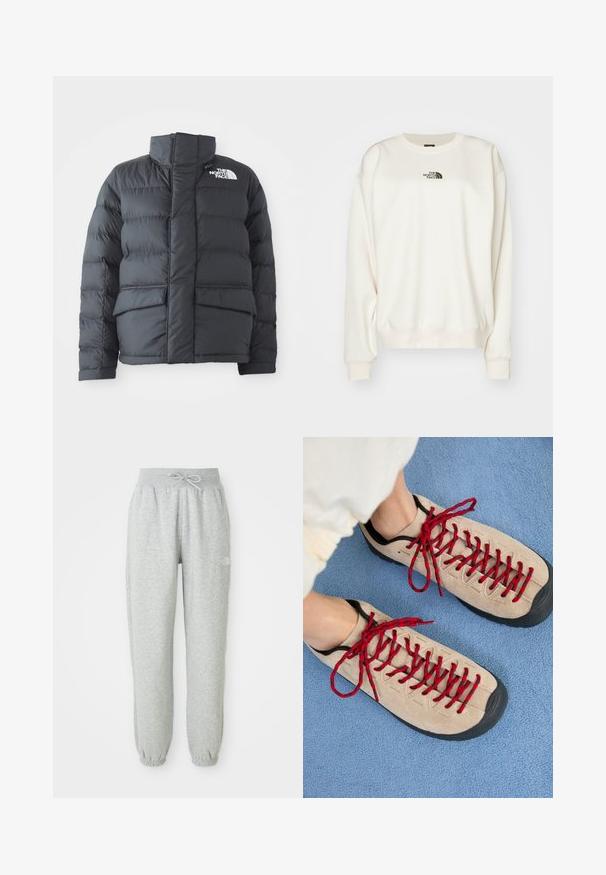 Schwarze Steppjacke mit hohem Kragen, gestepptem Design, Reißverschluss vorne und zwei Fronttaschen. Mit einem weißen Logo auf der linken Brust.; The North Face ESSENTIAL OVERSIZE CREW - Sweatshirt - white dune; Graue Sweatpants mit einem elastischen Bund und Kordelzug. Der Stoff ist weich, mit elastischen Bündchen an den Knöcheln und einem Logo-Detail.; Beige Schuhe mit roten Schnürsenkeln, die auf einer blauen strukturierten Fläche positioniert sind und teilweise ein Fußgelenk einer Person zeigen. Die Schuhe haben ein sportliches Design.