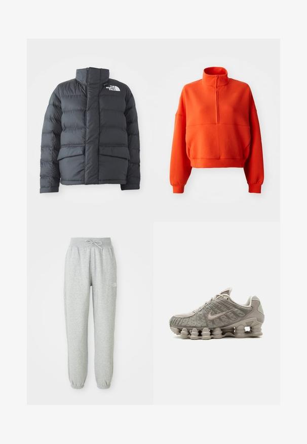 Chaqueta tipo puffer negra con cuello alto, diseño acolchado, cierre frontal con cremallera y dos bolsillos delanteros. Presenta un logo blanco en el lado izquierdo del pecho.; Sudadera corta de color naranja brillante con cuello alto simulado y media cremallera, con mangas amplias y una tela texturizada para mayor comodidad.; Pantalones de chándal grises con cintura elástica y cordón. La tela es suave, con puños elásticos en los tobillos y un acento de logo.; Zapatilla Nike Shox beige clara con suela acolchada visible en forma de columna y detalles en malla en la parte superior.