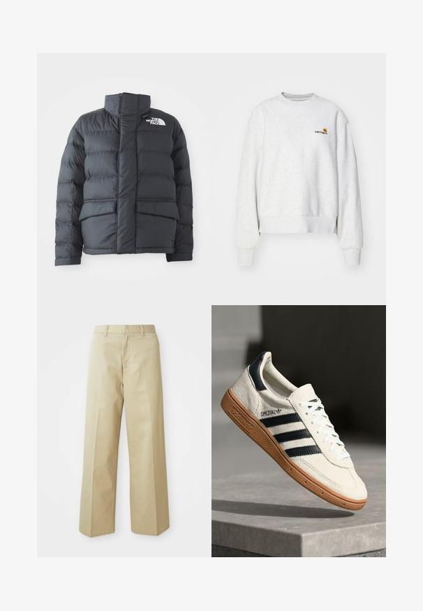 Schwarze Steppjacke mit hohem Kragen, gestepptem Design, Reißverschluss vorne und zwei Fronttaschen. Mit einem weißen Logo auf der linken Brust.; Grauer Rundhalsausschnitt-Pullover aus weichem Material mit gerippten Bündchen und Saum; mit gesticktem Logo auf der Brust in Gelb und Kastanienbraun.; Beige weite Hose aus Baumwolle mit glatter Textur. Verfügt über einen geraden Schnitt, Gürtelschlaufen und Fronttaschen.; Weiße Wildleder-Sneaker mit marineblauen Streifen, Gummisohle, strukturiertem Obermaterial, runder Zehenform und Schnürung; mit Branding an der Seite und auf der Zunge.