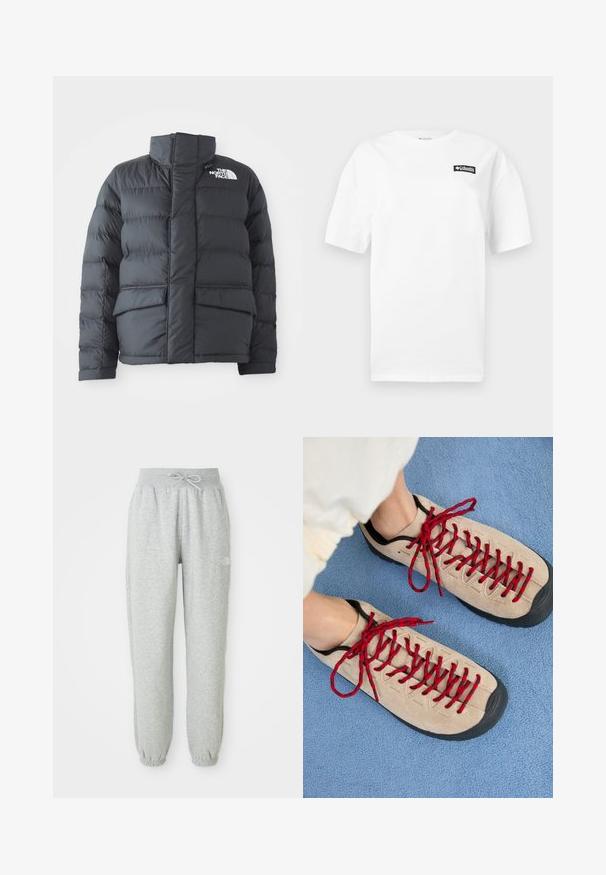 Zwarte pufferjack met een hoge kraag, gequilt ontwerp, ritssluiting aan de voorkant en twee voorzakken. Bevat een wit logo op de linkerborst.; Witte T-shirt met korte mouwen en een kleine zwarte Columbia Sportswear-logo patch op de linkerborst.; Grijze sweatpants met een elastische tailleband en trekkoord. De stof is zacht, met elastische boorden bij de enkels en een logodetail.; Beige schoenen met rode veters, geplaatst op een blauwe, gestructureerde ondergrond, onthullen gedeeltelijk de enkel van een persoon. De schoenen hebben een sportief ontwerp.