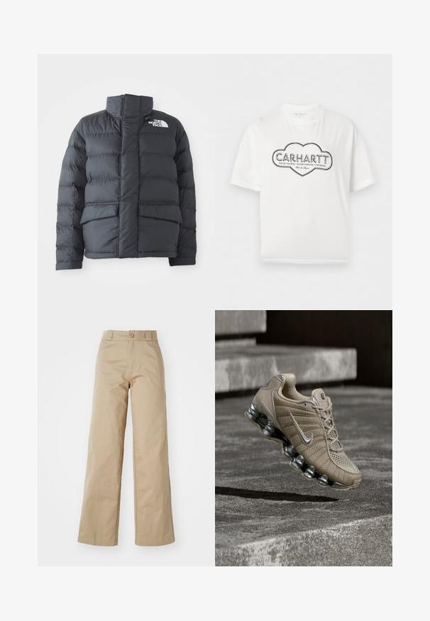 Doudoune noire avec col haut, design matelassé, fermeture éclair à l'avant et deux poches avant. Présente un logo blanc sur la poitrine gauche.; T-shirt blanc Carhartt avec logo en forme de nuage à contour noir et texte "CARHARTT Local Global International Universel" sur le devant.; Pantalons larges beiges en coton, avec fermeture à bouton et passants de ceinture, présentant une texture lisse et une finition soignée.; Chaussure de sport beige avec des détails argentés et une semelle à coussin d'air, suspendue au-dessus d'une surface en béton avec une ombre en dessous.