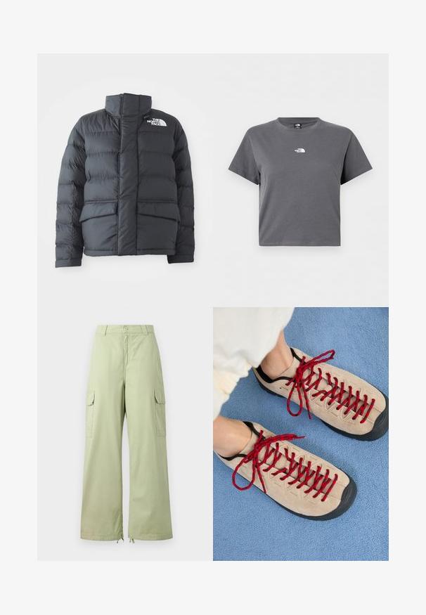 Sort pufferjakke med høj krave, quiltet design, lynlås foran og to forlommer. Har et hvidt logo på venstre bryst.; Kortærmet cropped grå t-shirt med rund hals og lille hvid The North Face-logo centreret på brystet.; Lysegrønne cargo bukser med brede ben, lavet af bomuld. Har to sidelommer og knaplukning. Glat tekstur og afslappet design.; Beige sko med røde snørebånd, placeret på en blå tekstureret overflade, delvist synliggørende en persons ankel. Skoene har et sporty design.
