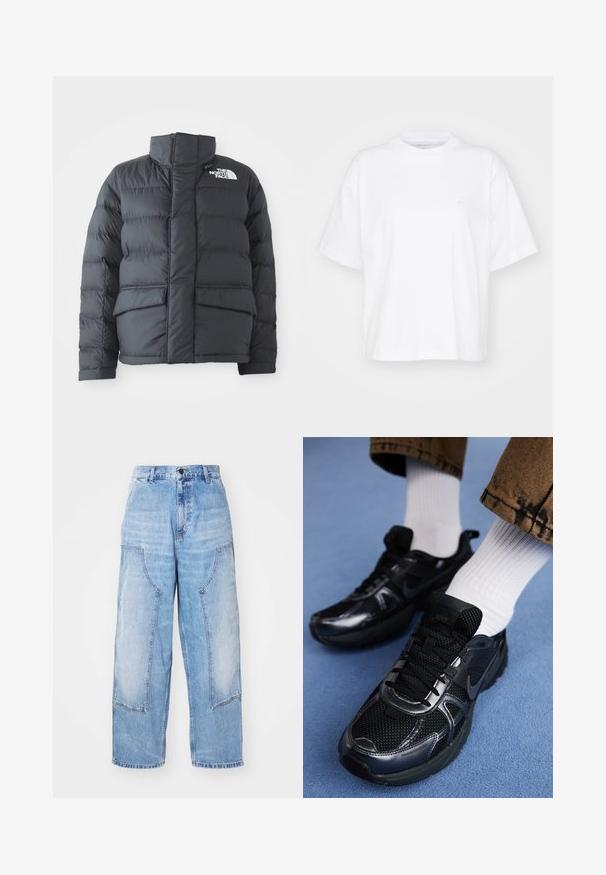 Chaqueta tipo puffer negra con cuello alto, diseño acolchado, cierre frontal con cremallera y dos bolsillos delanteros. Presenta un logo blanco en el lado izquierdo del pecho.; Camiseta de algodón blanca con cuello redondo, mangas cortas y un corte relajado. Presenta un logo sutil en el área del pecho izquierdo. Textura suave.; Pantalones de mezclilla anchos de color azul claro con dos grandes bolsillos frontales, cierre de botón y un ligero desgaste. Detalles de costura en los bolsillos.; Zapatillas Nike negras con materiales de malla y sintéticos, con parte superior texturizada, cordones negros y suelas de goma duraderas. Calcetines blancos acanalados visibles.