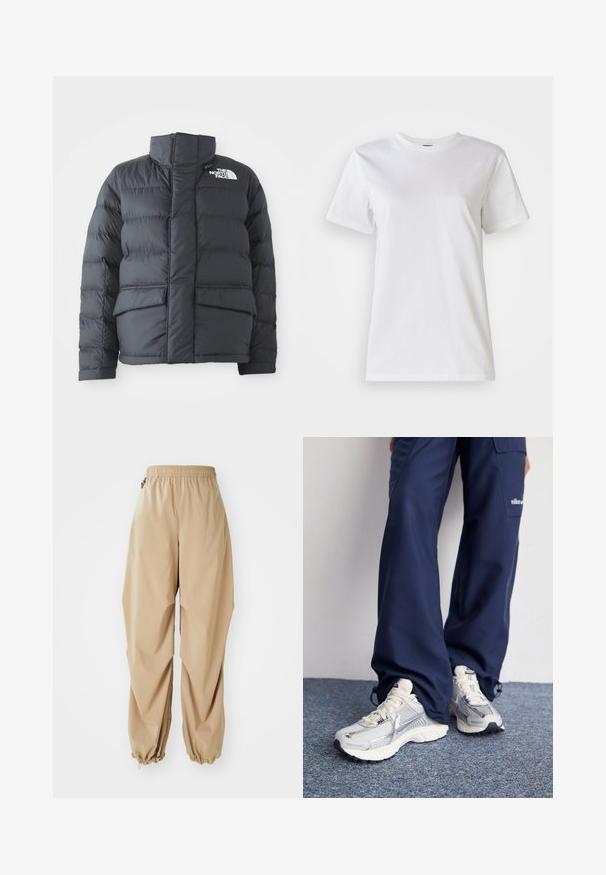 Sort pufferjakke med høj krave, quiltet design, lynlås foran og to forlommer. Har et hvidt logo på venstre bryst.; Hvid bomulds t-shirt med rund hals og korte ærmer. Stoffet er glat med en blød tekstur og uden synlige mønstre eller detaljer.; Beige letvægtsbukser med elastisk talje, tapered manchetter og en glat tekstur, der har en afslappet pasform og ingen synlige mønstre eller udsmykninger.; Nike sportssko med en sølvfarvet mesh-overdel, hvide detaljer og strukturerede såler, parret med løstsiddende navy bukser.