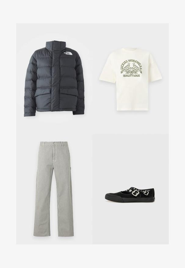 Sort pufferjakke med høj krave, quiltet design, lynlås foran og to forlommer. Har et hvidt logo på venstre bryst.; Hvid kortærmet T-shirt med olivengrøn "Dickies Workwear Quality Made" tekst og grafik af to sporer og blomster på fronten.; Herrebukser med lige ben, tynde lodrette sorte og hvide striber, knaplukning, bæltestropper og sidelommer.; Vans MARY JANE - Ballerinasko - black