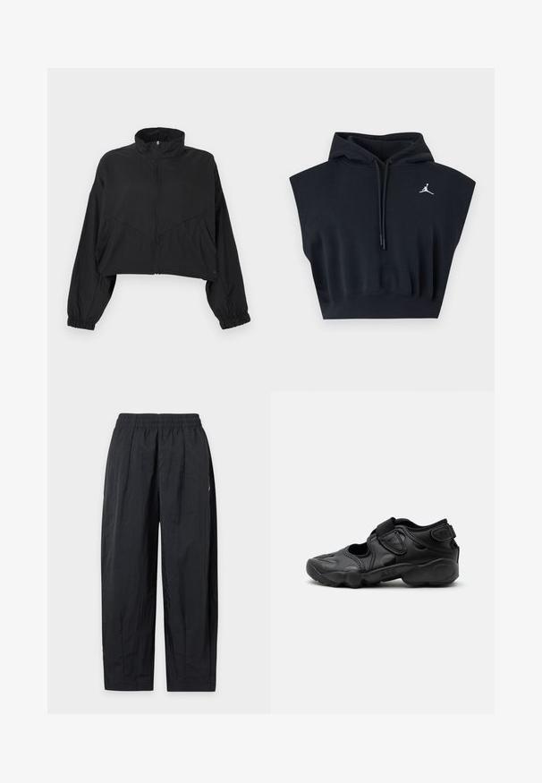 Μαύρο cropped σακάκι με ψηλό γιακά, φερμουάρ μπροστά, μακριά μανίκια, ελαστική μανσέτα και λοξά ραφές στο σώμα.; Μαύρο αμάνικο cropped hoodie με κορδόνια και μικρό λευκό λογότυπο Jumpman στο αριστερό στήθος.; Μαύροι παντελόνες με χαλαρή εφαρμογή και ελαστική μέση, κατασκευασμένοι από ελαφρύ ύφασμα, εμφανίζονται επίπεδα σε λευκό φόντο.; Μαύρο αθλητικό σανδάλι με κλειστή μύτη, λουριά με βέλκρο στη μέση του ποδιού και στη φτέρνα, και παχιά επενδεδυμένη σόλα με τη λέξη "AIR" στο πλάι.