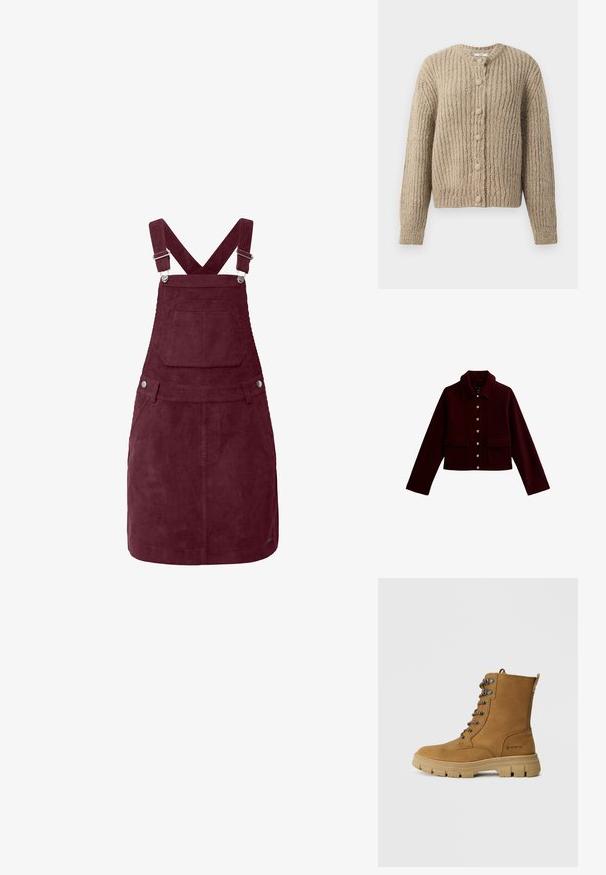 Bordeaux cropped jacket met een kraag, gouden knopen en twee voorste flapzakken. Gemaakt van zachte stof met een gladde textuur.; Beige chunky gebreide cardigan met lange mouwen en zes met stof bedekte knopen aan de voorkant, voorzien van een ronde halslijn.; Bordeaux corduroy overall jurk met gekruiste verstelbare banden, een voork pocket en zilverkleurige hardware accenten; textuur en knie-lange ontwerp.; Bruine suède enkelboots met een gewatteerde kraag, metalen oogjes en bruine veters. Voorzien van een gestructureerde rubberen zool met een logo-detail.