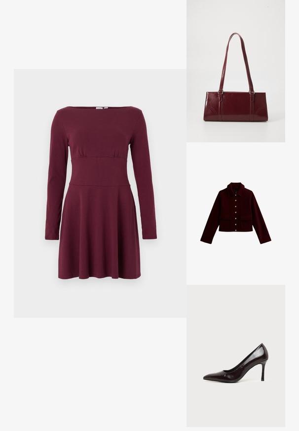 Bordeaux cropped jacket met een kraag, gouden knopen en twee voorste flapzakken. Gemaakt van zachte stof met een gladde textuur.; Lang mouwen, bordeauxrode jurk tot op de knie met een getailleerde taille en een boothals, weergegeven op een effen witte achtergrond.; Zwarte leren pumps met puntige neus en slanke naaldhak op een effen lichte achtergrond.; Bourgondische handtas van glanzend materiaal, rechthoekige vorm, met twee schouderbanden en subtiele gebogen accenten aan de voorkant.