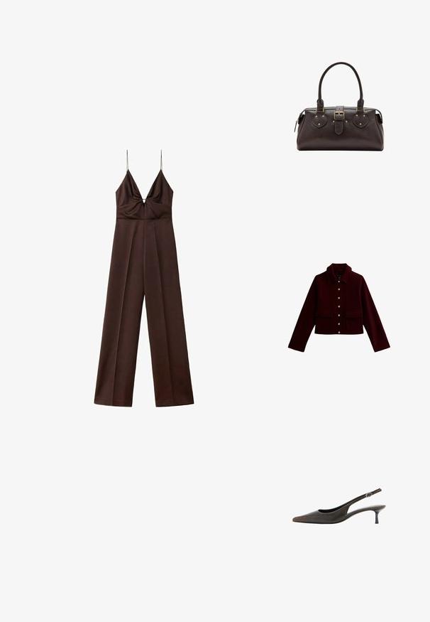 Bordeaux cropped jacket met een kraag, gouden knopen en twee voorste flapzakken. Gemaakt van zachte stof met een gladde textuur.; Donkerbruine jumpsuit met wijde pijpen, dunne spaghetti-bandjes en een diepe V-hals met geplooid detail bij de buste.; Zwarte leren slingback met puntige neus, lage kittenhak en een klein verstelbaar gespsluiting.; Donkerbruine leren handtas met twee handvatten, een centrale gespband en gouden metalen details.