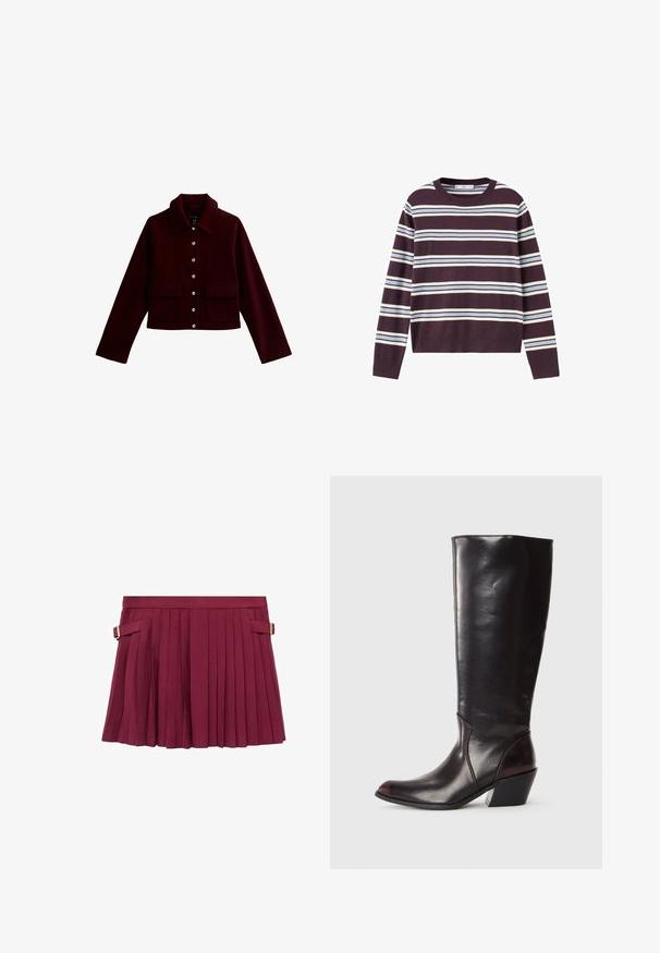 Bordeaux cropped jacket met een kraag, gouden knopen en twee voorste flapzakken. Gemaakt van zachte stof met een gladde textuur.; Trui met lange mouwen en ronde hals, met horizontale witte en lichtblauwe strepen op een donkerpaarse achtergrond.; Bordeaux plissérok met een vlakke tailleband, voorzien van zijgespen en een gladde textuur, ontworpen met verticale plooien voor een vloeiende uitstraling.; Knielange, donkerbruine leren laars met een spitse neus, hoekige blokhak en een gladde, glanzende textuur. Heeft een strak ontwerp en stikdetails.
