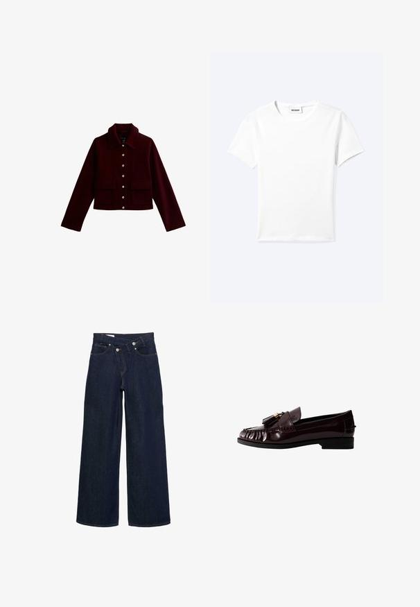 Bordeaux cropped jacket met een kraag, gouden knopen en twee voorste flapzakken. Gemaakt van zachte stof met een gladde textuur.; Effen wit T-shirt met korte mouwen en ronde hals met een klein "WEEKDAY" label aan de binnenkant van de hals, plat neergelegd op een lichte achtergrond.; Donkerblauwe wijde denim jeans met hoge taille en knoopsluiting, met voor- en achterzakken en bruine stiksels.; Bordeaux patenten leren instapper met een lage hak, voorzien van een geplooid ontwerp en een franje-detail op de schoenband. Gladde textuur, klassieke vorm.