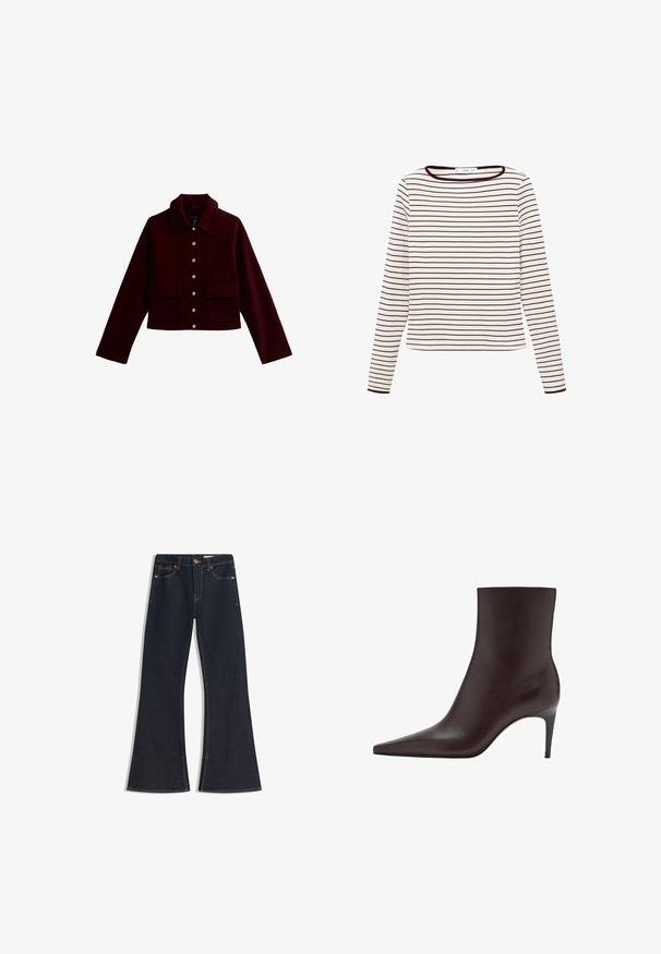 Bordeaux cropped jacket met een kraag, gouden knopen en twee voorste flapzakken. Gemaakt van zachte stof met een gladde textuur.; Langarm, crèmekleurig shirt met smalle horizontale zwarte strepen en een donkere afwerking op de ronde halslijn en de mouwen.; Donkere denim jeans met uitlopende pijpen, voorzien van een hoge taille, contrasterende stiknaden, knoopsluiting en vier zakken. De pijpen worden wijder bij de zoom.; Bruine leren enkelboot met een spitse neus, slanke schacht en een dunne, hoge hak. Gladde textuur, minimalistisch ontwerp, geen zichtbare hardware.