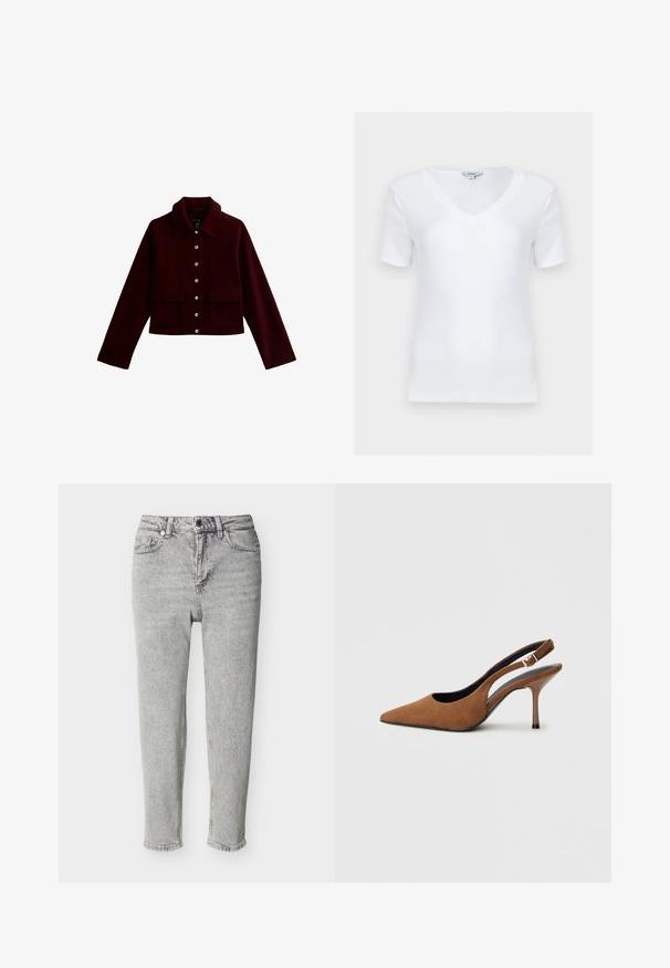 Bordeaux cropped jacket met een kraag, gouden knopen en twee voorste flapzakken. Gemaakt van zachte stof met een gladde textuur.; Witte geribbelde V-hals top met korte mouwen en aansluitende pasvorm, plat liggend tegen een lichte achtergrond.; Lichtgrijze, high-waisted, recht gesneden jeans met knopen en ritssluiting aan de voorkant, voor- en achterzakken, weergegeven op een effen witte achtergrond.; Bruine suède slingback-hakken met een puntige neus, een dunne naaldhak en een gespsluiting op de riem. Getextureerde afwerking.