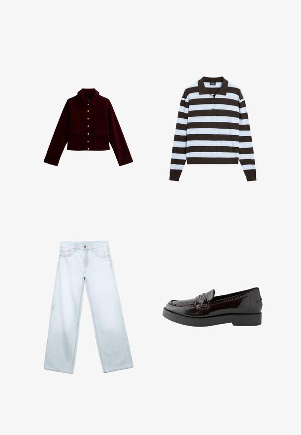 Bordeaux cropped jacket met een kraag, gouden knopen en twee voorste flapzakken. Gemaakt van zachte stof met een gladde textuur.; Polo met lange mouwen met zwarte en lichtblauwe horizontale strepen en twee knopen op de knoopsluiting, plat gelegd op een witte achtergrond.; Lichtblauwe wijde jeans met voorzakken, riemlussen en een knoopsluiting op een witte achtergrond.; Glanzende donkerburgundy leren loafers met gestikte details, een ronde neus en een dikke zwarte rubberen zool. Platte hak, klassiek ontwerp.
